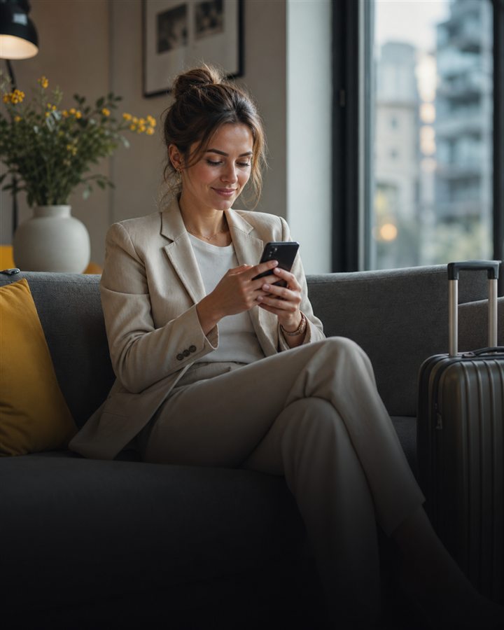 Traveller reviewing a FarHill Go booking on her phone